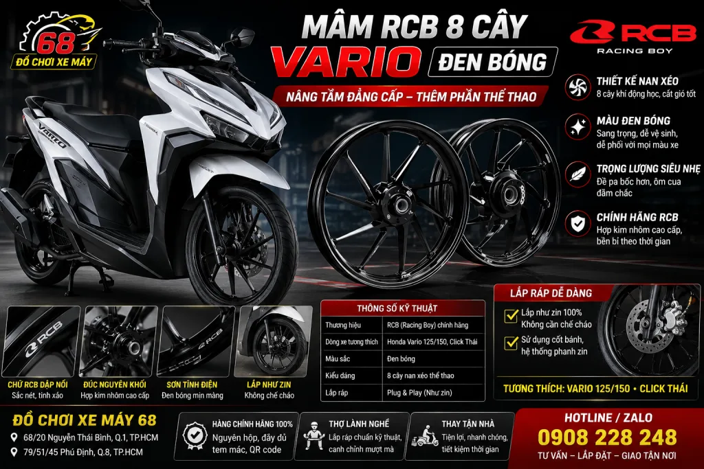 Mâm RCB 8 cây đen bóng cho xe Vario
